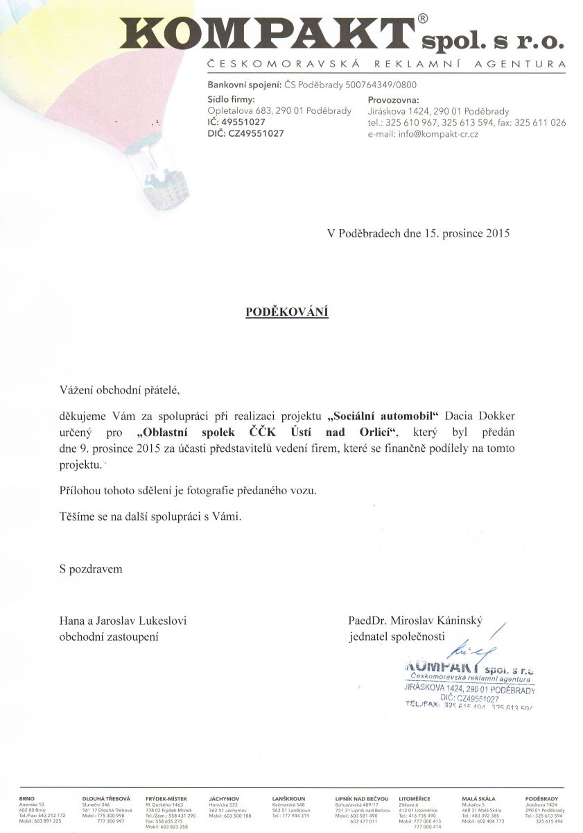 Poděkování za podporu projektu Senior doprava ČČK